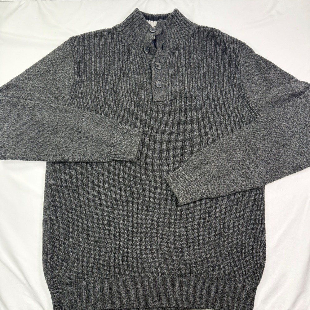 Nautica Mens Gray Cotton Ribbed Mock Neck Quarter Button Sweater Size M